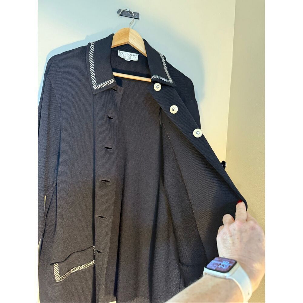 St. John Size L Santana Knit Longline Blazer Jacket Black Old Money Quiet Luxury - Picture 11 of 15